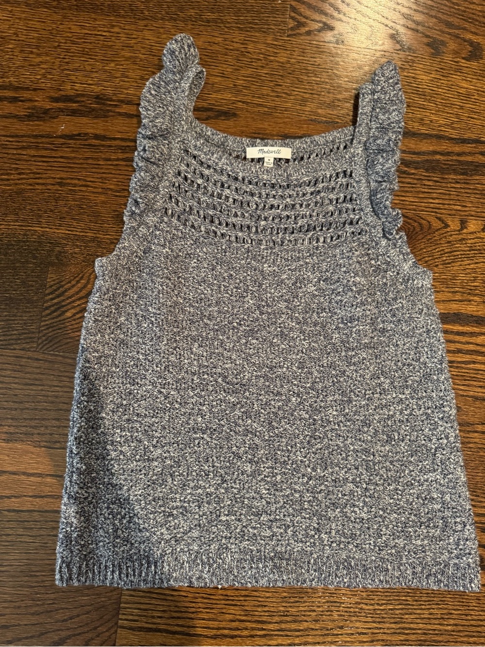 Madewell Heathered Blue Crochet Yoke Ruffle Strap Tank
